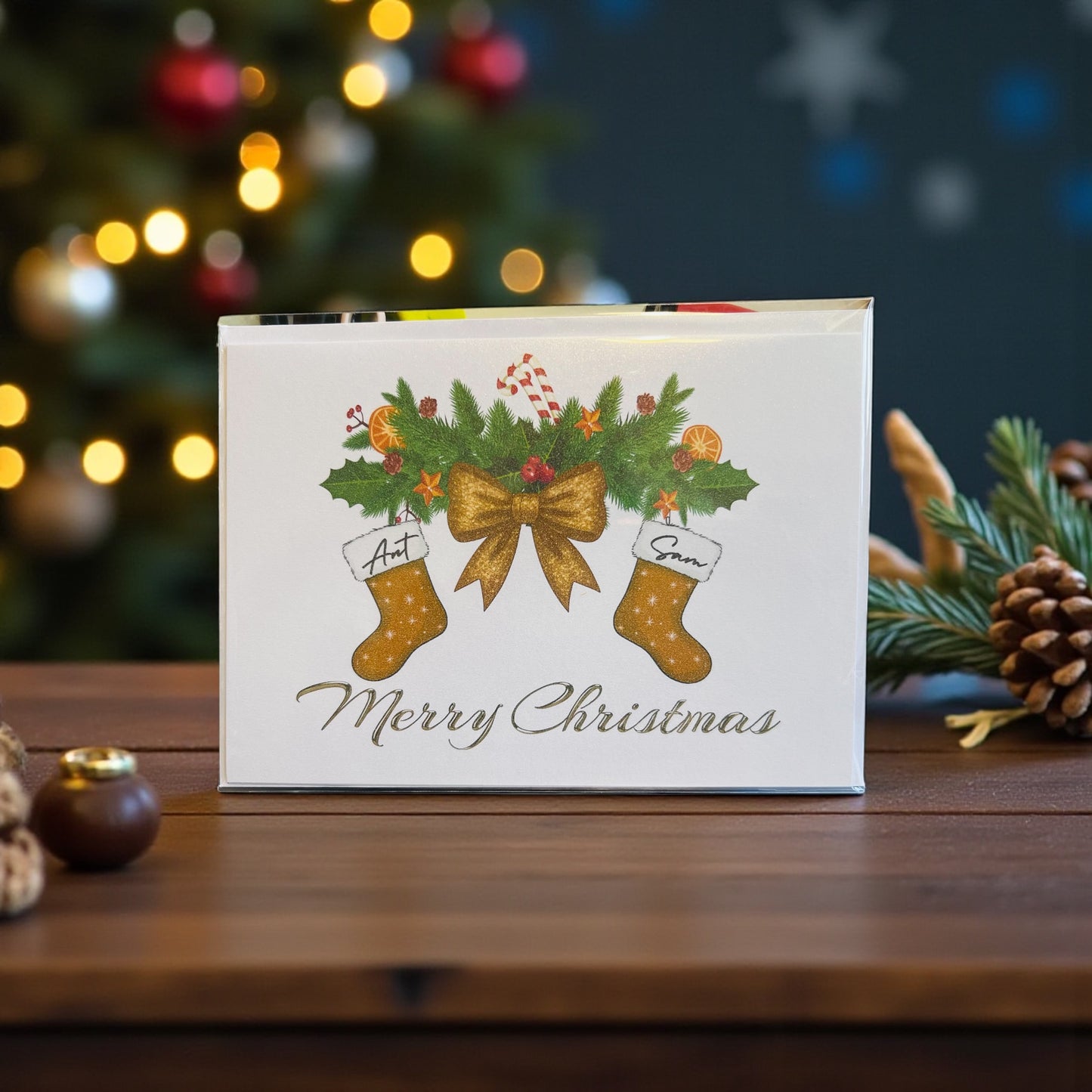 Gold stocking Christmas Card - Personalised