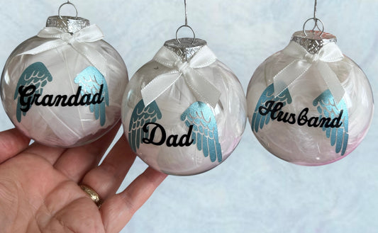 Personalised feather filled memorial baubles